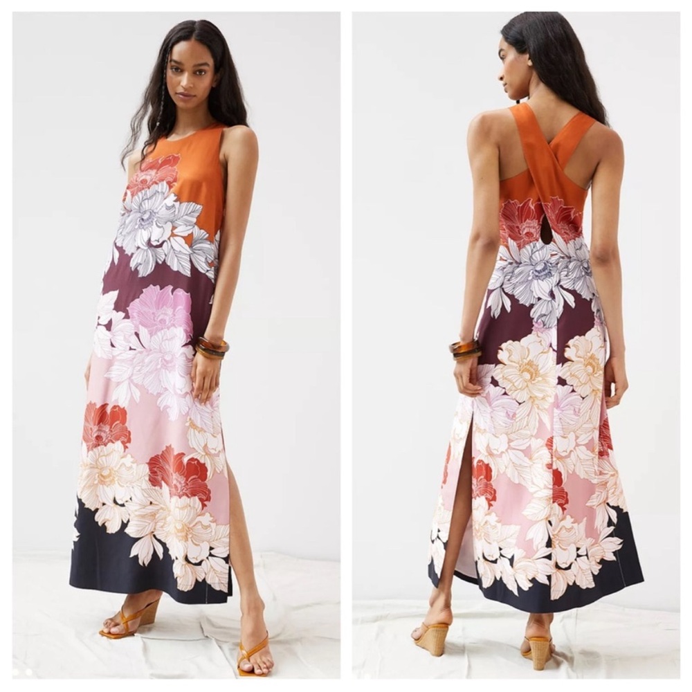 ANTHROPOLOGIE Maeve Floral Vibrant Twist Back Maxi Dress in Mauve size XL